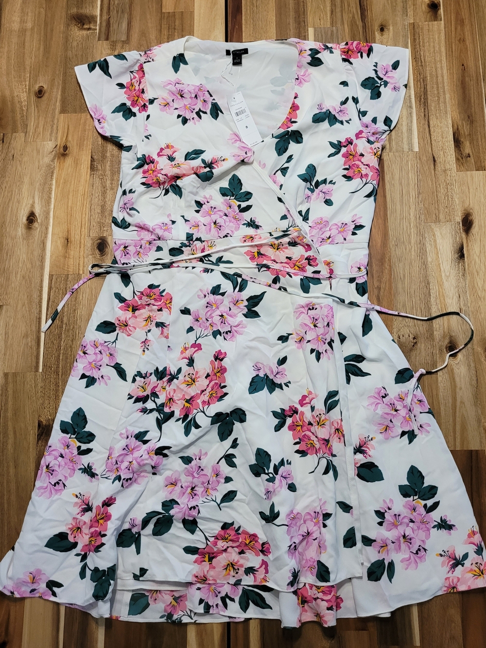 Ann Taylor White Wrap Dress with Pink Floral Print